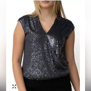 Cable & Gauge Gray Silver Sequin Wrap Sleeveless V-Neck Cocktail Top Size XL